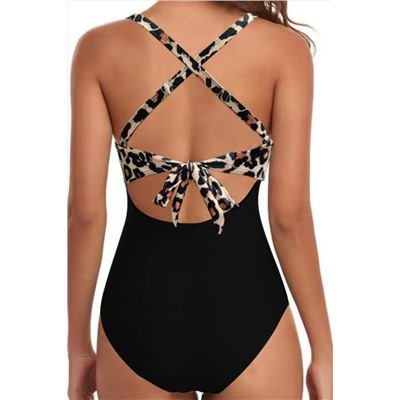 Black Leopard 2-tone Crossed Cutout Backless Monokini