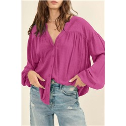 Rose Solid Color Jacquard Puff Sleeve Button up Shirt