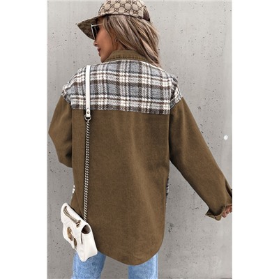 Brown Plaid Patchwork Pockets Denim Jacket