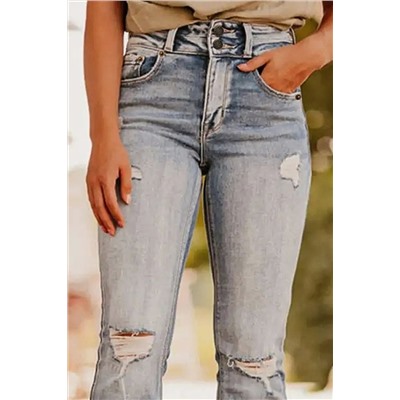 Dusk Blue Vintage Light Wash Ripped Raw Edge Flare Jeans