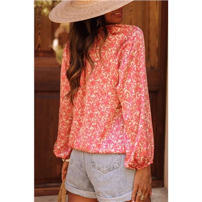 Pink Bubble Sleeve Floral Shirt with Lace up