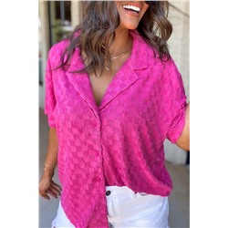 Bright Pink Lapel Neck Checkered Textured Short Sleeve Shirt