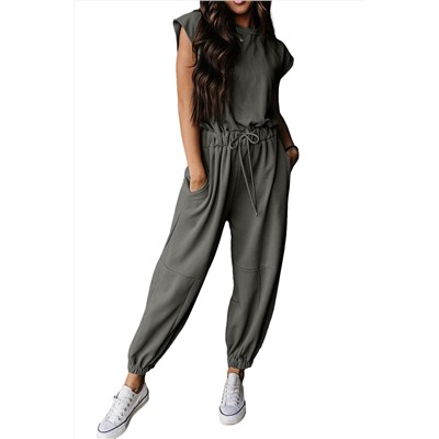 Medium Grey Cap Sleeve Open Back Drawstring Jogger Jumpsuit