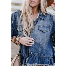 Peacock Blue Raw Edge Ruffled Short Sleeve Denim Jacket