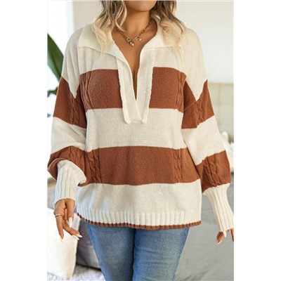 Stripes Collared Neck Corded Sweater