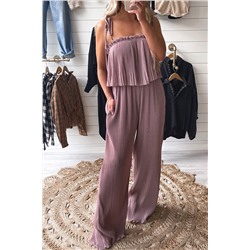 Rose Tan Solid Self Tied Straps Pleated Wide Leg Jumpsuit