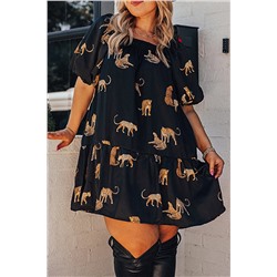 Black Plus Size Cheetah Print Puff Sleeve Ruffle Mini Dress