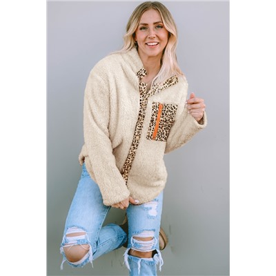 Apricot Leopard Patched Zipped Pocket Fleece Jacket