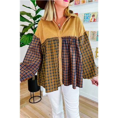 Mustard Contrast Plaid Print Puff Sleeve Shirt