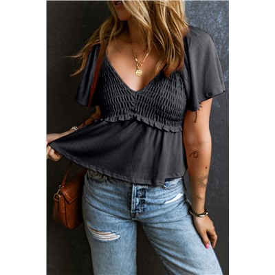 Black Shirred V Neck Short Flutter Sleeve Textured Blouse