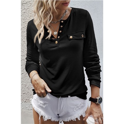 Black Long Sleeve Snap Button Henley Top