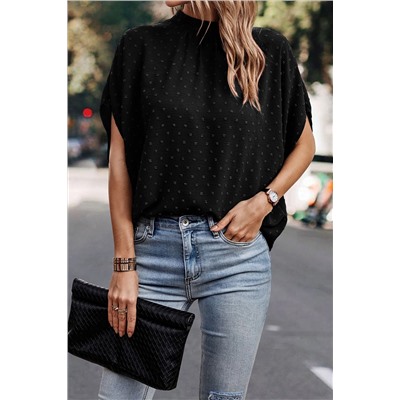 Black Swiss Dot Mock Neck Batwing Sleeve Blouse