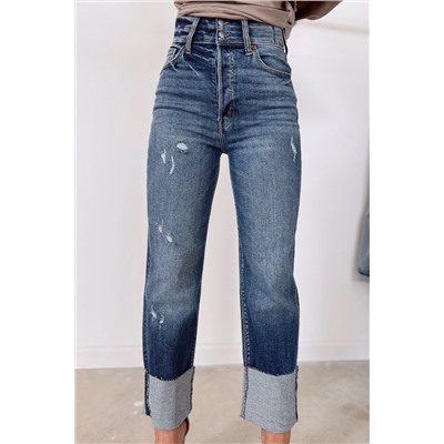 Blue High Waist Distressed Straight Leg Jeans