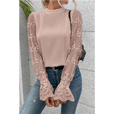 Apricot Pink Contrast Lace Sleeve Mock Neck Textured Blouse