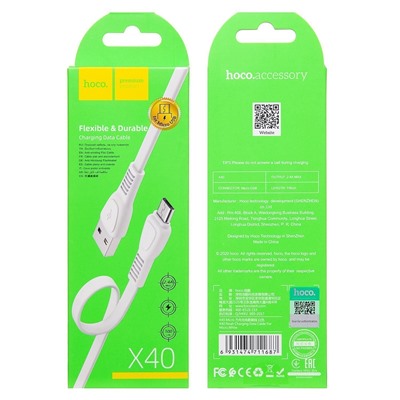 Кабель USB - micro USB Hoco X40 Noah Charging  100см 2,4A  (white)