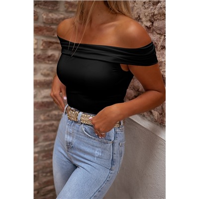 Black Folded Off Shoulder Slim Top