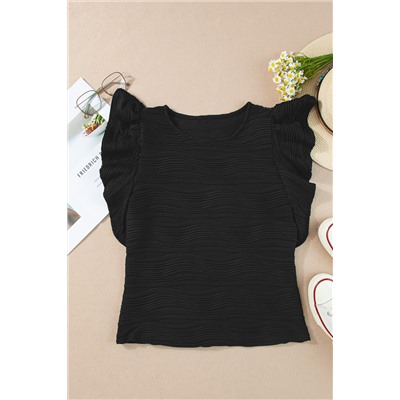 Black Wavy Textured Ruffle Sleeve Top