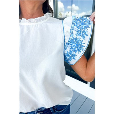 White Embroidered Ruffled Sleeve Frilled Collar Blouse