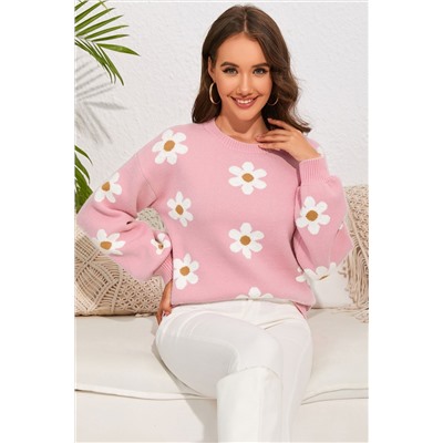 Pink Floral Pattern Drop Shoulder Sweater