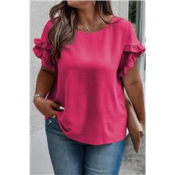 Bright Pink Ruffled Short Sleeve Plus Size Top