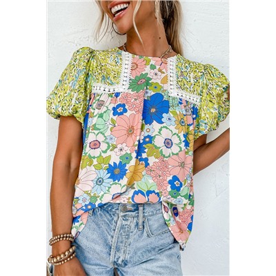 Green Bubble Sleeve Lace Trim Floral Mixed Print Blouse