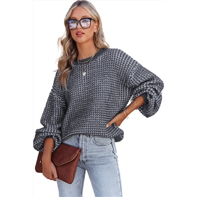 Gray Heathered Knit Drop Shoulder Puff Sleeve Sweater