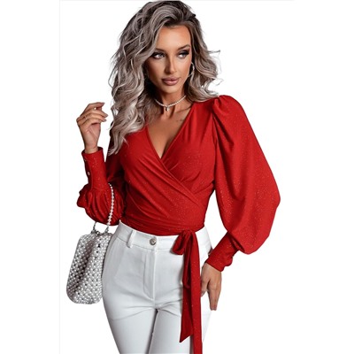 Fiery Red Glitter Wrap V Neck Tie Hem Puff Sleeve Blouse