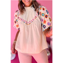 White Embroidered Smocked Neck Puff Sleeve Top