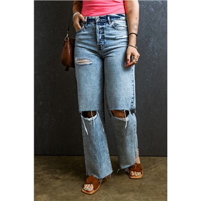 Light Blue Distressed Ripped Raw Hem Straight Jeans