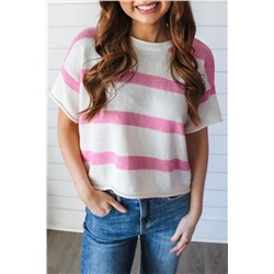 Pink Stripe Dropped Short Sleeve Lightweight Knitted Top