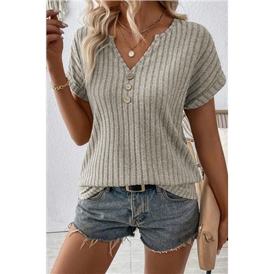 Parchment Wide Ribbed Notched V Neck Button Decor T shirt