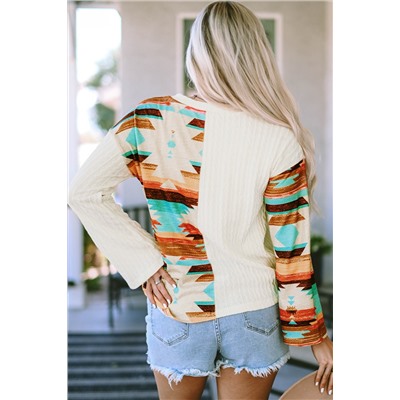 Beige Western Aztec Patch Textured Knit Top