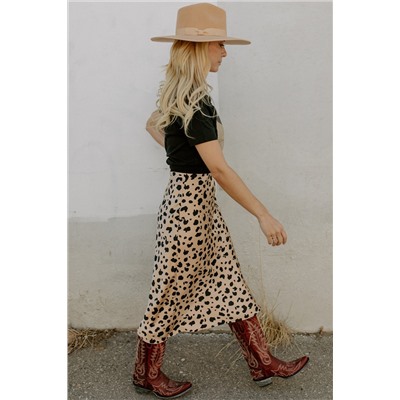 Khaki Leopard Spots Printed Split Hem Midi Skirt