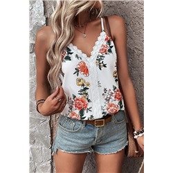 White Floral Print Lace V Neck Tank Top