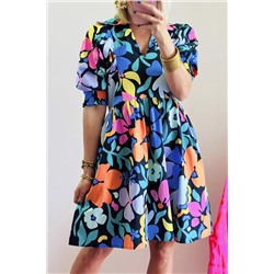 Blue Collared Split Neck Floral Flared Dress