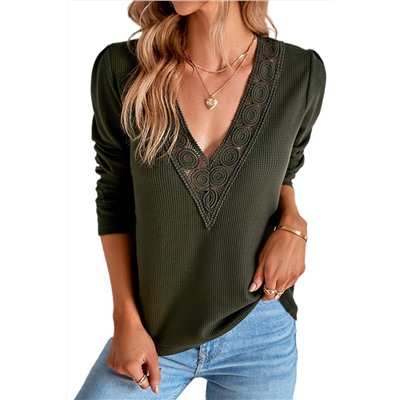 Green Lace Patchwork V Neck Waffle Knit Top