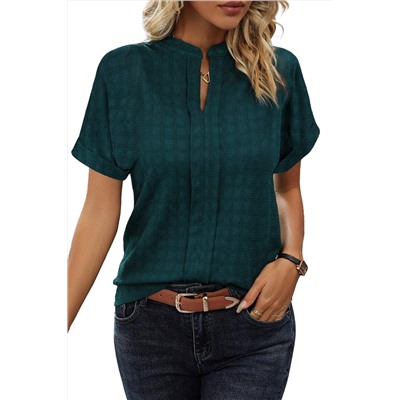 Sea Green Solid Textured Split Neck Short Sleeve Blouse