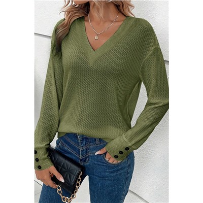 Jungle Green Textured Knit V Neck Button Cuffs Long Sleeve Top