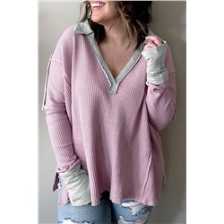 Pink Plus Size Exposed Seam Waffle Knit Top