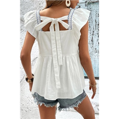 White Embroidered Bust Square Neck Peplum Blouse