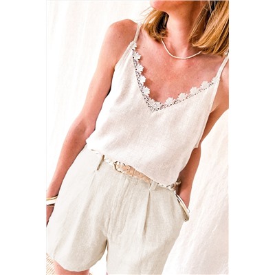 Beige High Rise Wide Leg Cotton Blend Casual Shorts