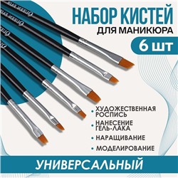 Набор плоских кистей для наращивания и дизайна ногтей, 6 шт, 18 см, цвет серебристый/чёрный