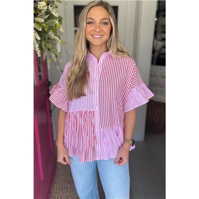 Pink Stripe Striped Patchwork Ruffled Hem Button up Shirt