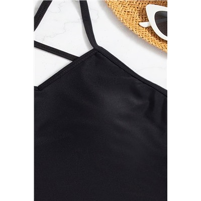 Black Criss Cross Backless One Piece Swimsuit with Sarong