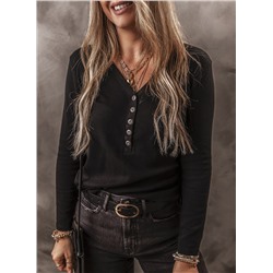 Black Buttoned V Neck Long Sleeve Ribbed Top