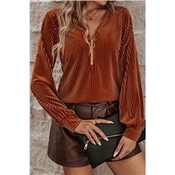 Chestnut Half Zip V Neck Ribbed Velvet Top