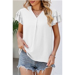 White V Neck Ruffle Short Sleeve Blouse