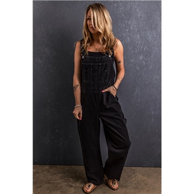 Black Adjustable Buckle Straps Multi Pocket Denim Overalls