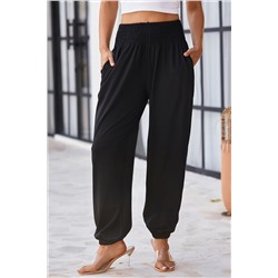 Black Smocked High Waist Joggers