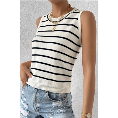 White Striped Round Neck Sweater Vest